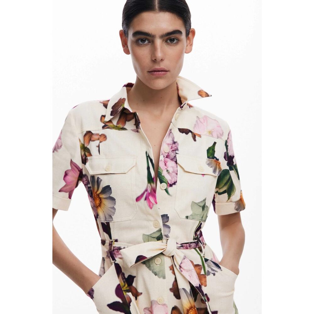 Desigual | Women | Cream Floral Spring Utility Belted Mini Shirt Dress | Medium - Picture 15 of 16